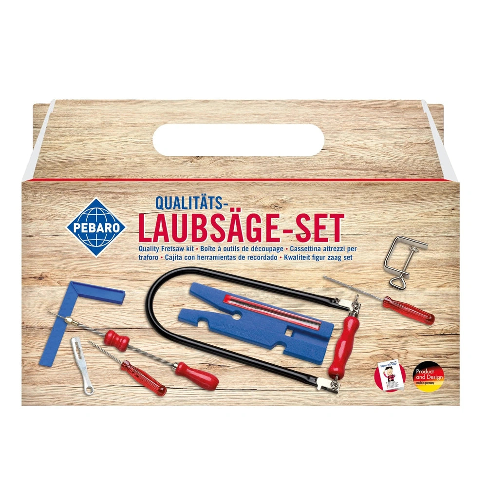 Prebaro Fretsaw Kit with saw, clamp, and tools in a carry handle box, red and blue on wood background.