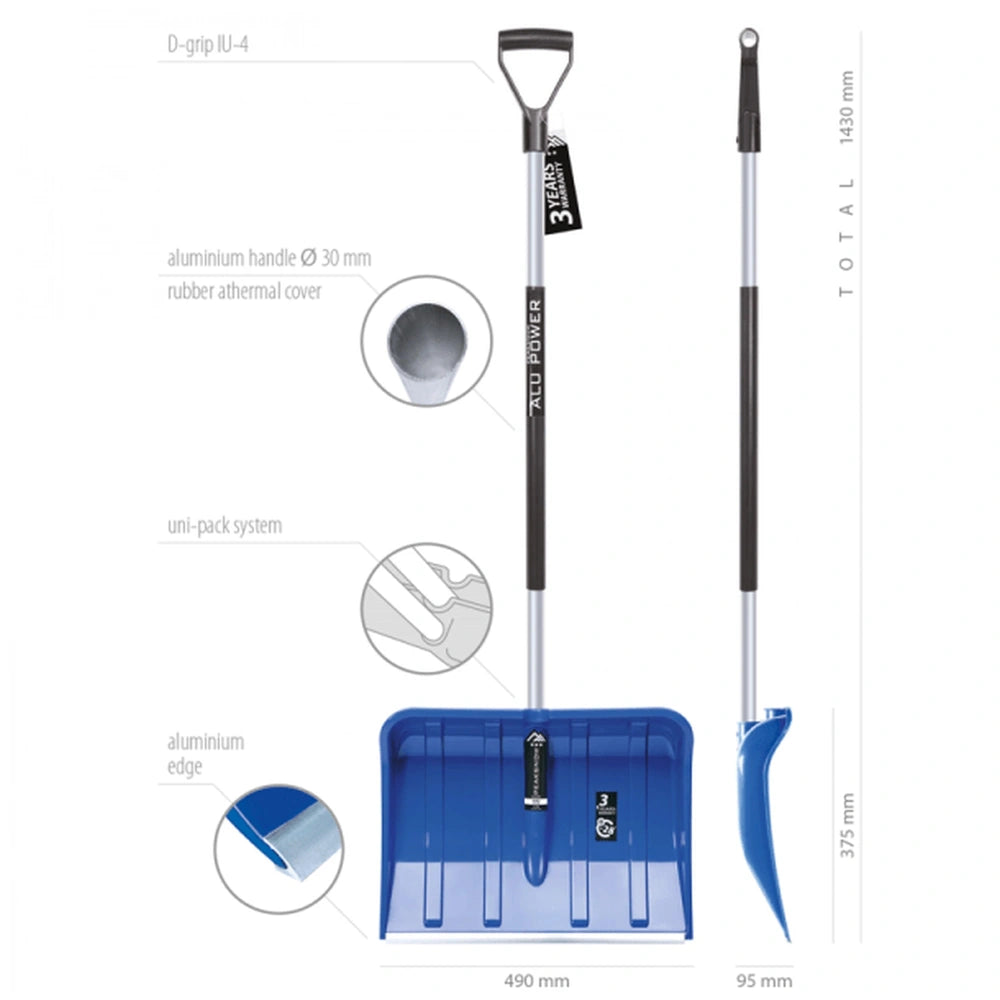 PROSPERPLAST Alpin 2 Alutube shovel features a gray aluminum handle, blue shovel, and offers 360° rotation with a 3-year warr