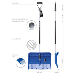 PROSPERPLAST Alpin 2 Alutube shovel features a gray aluminum handle, blue shovel, and offers 360° rotation with a 3-year warr