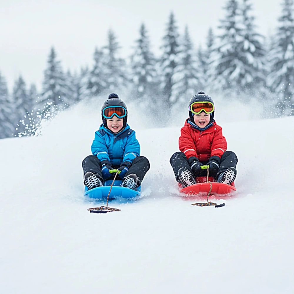 PROSPERPLAST Race S Sledge in blue, with two children on snowboards, surrounded by snow and winter trees.