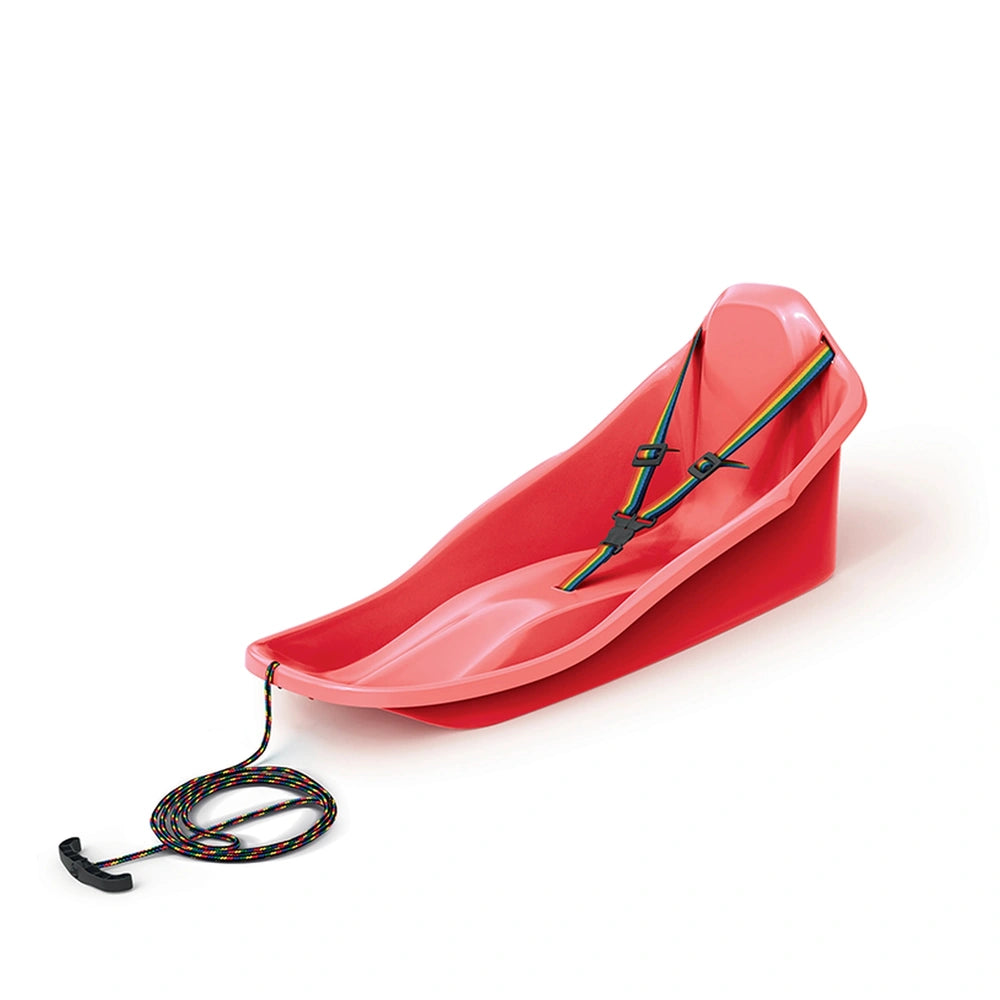Red PROSPERPLAST Topo sledge with a black rope, made of smooth, glossy plastic for outdoor play.