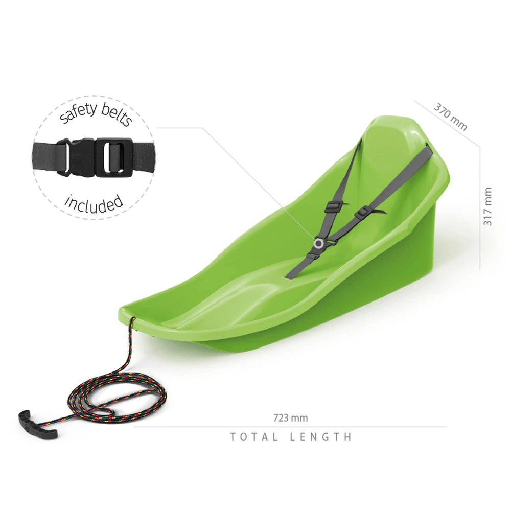 Green plastic Topo sledge with black and red striped rope, featuring a total length of 732 mm and safety belt included.