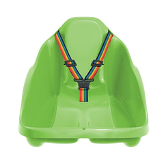 Topo Sledge Blue made of smooth, glossy plastic features a green body and a rainbow strap with a buckle.