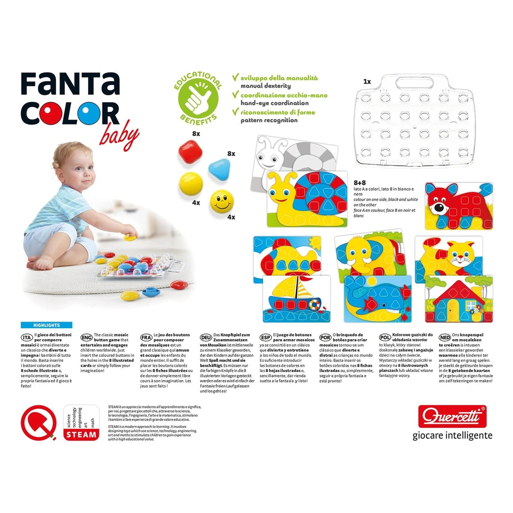 Quercetti FantaColor Baby activity toy packaging features a white background with black and red printed text and a red logo.