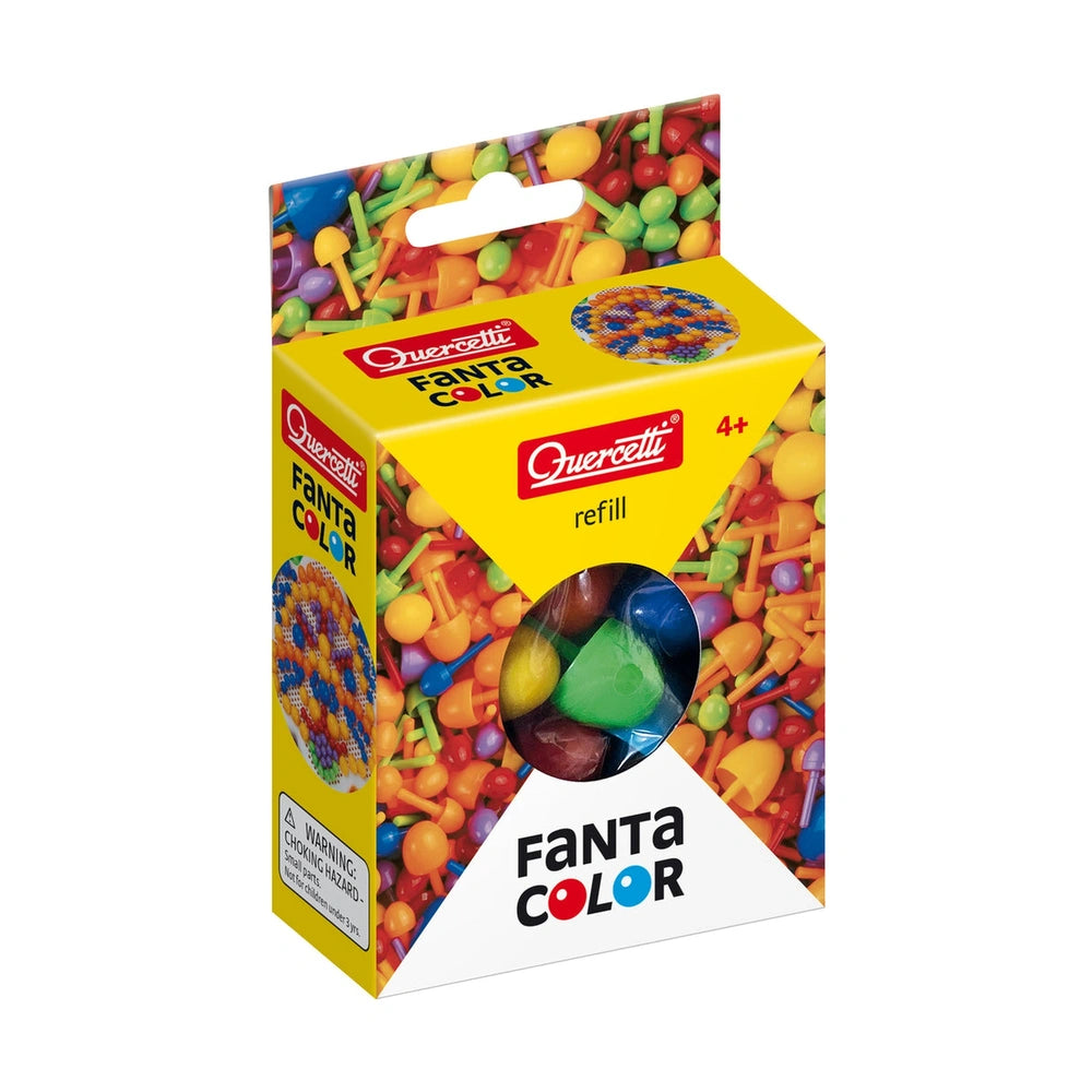 Quercetti FantaColor refill packaging features a glossy window revealing colorful components, with a yellow background and wa