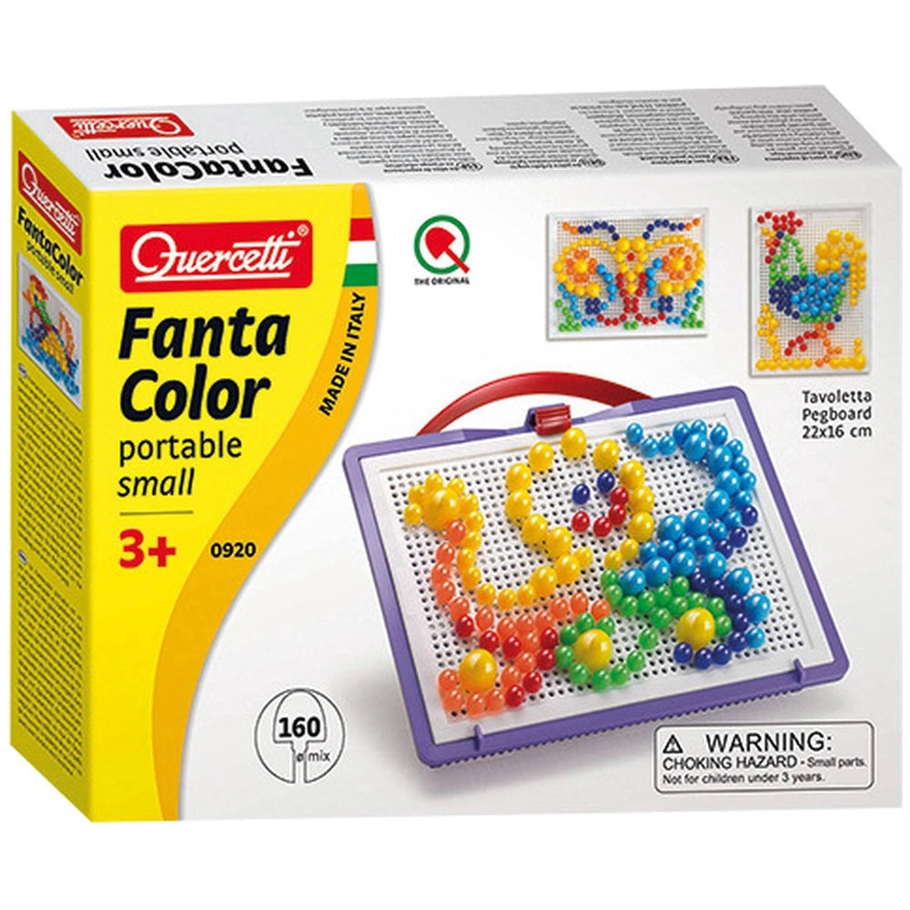 Quercetti FantaColor Tab arts and crafts set in a yellow cardboard box with a plastic window and colorful pegs in a tray.