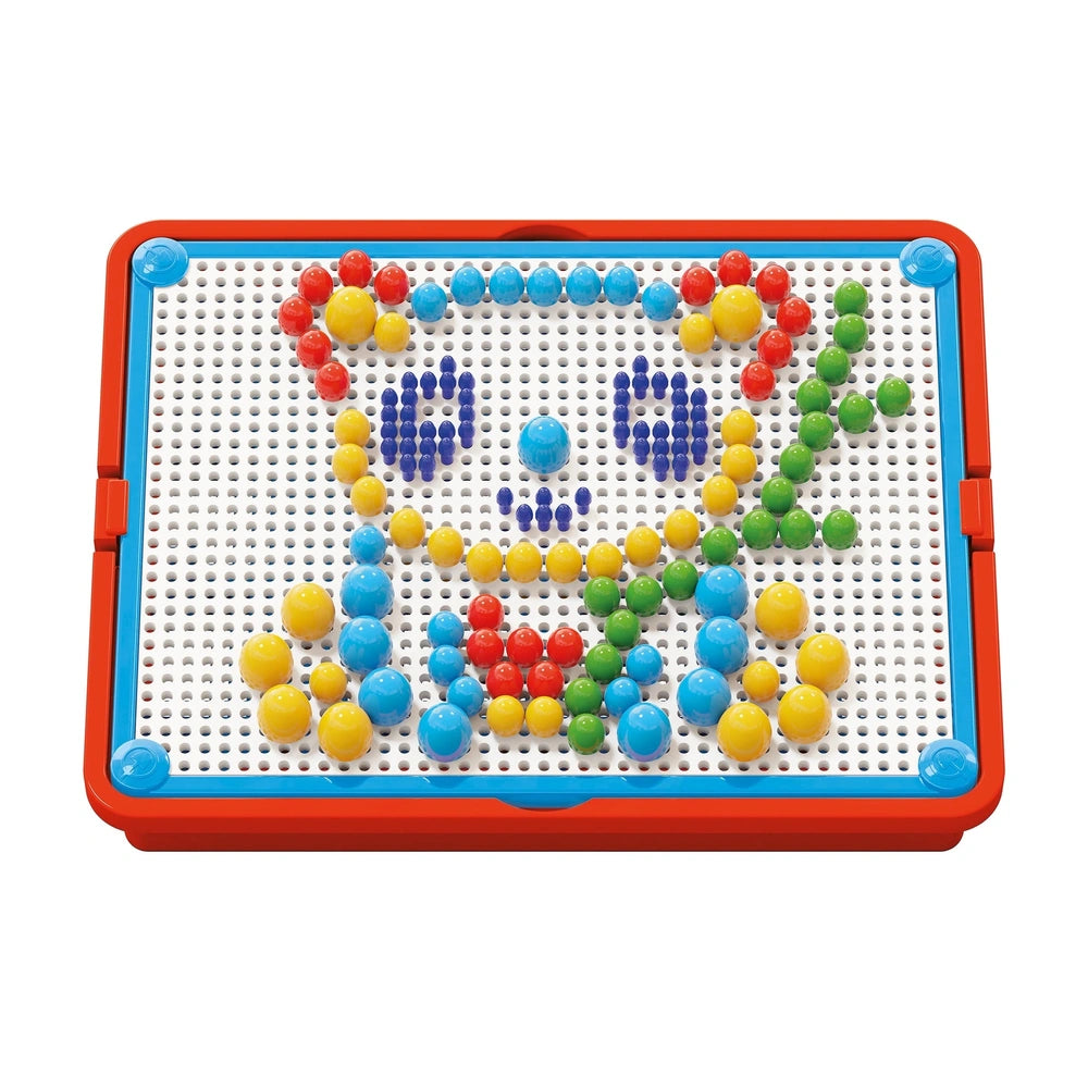 Quercetti FantaColor Tab features a smiling face design on a red-bordered perforated board with colorful plastic balls.