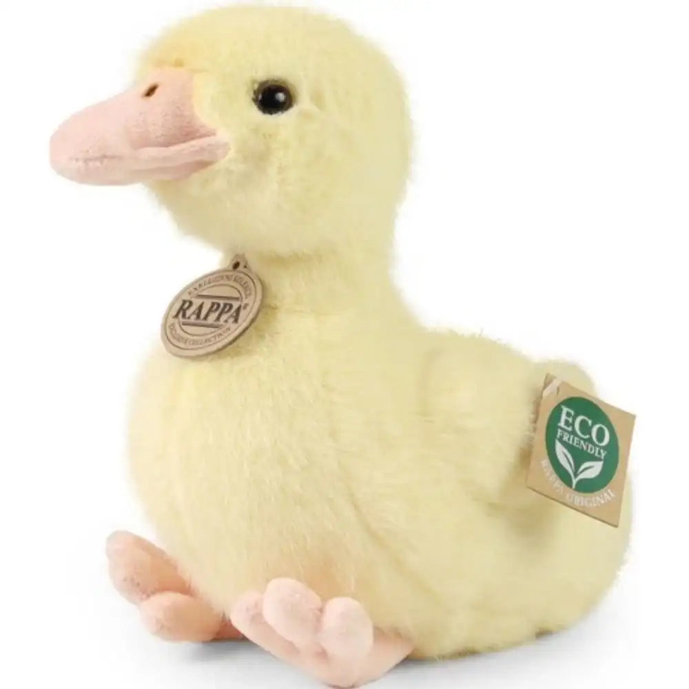 Exclusive eco-friendly plush duck in solid yellow, featuring a cuddly texture and a tag reading "RAPPA" and "ECO FRIENDLY ORI