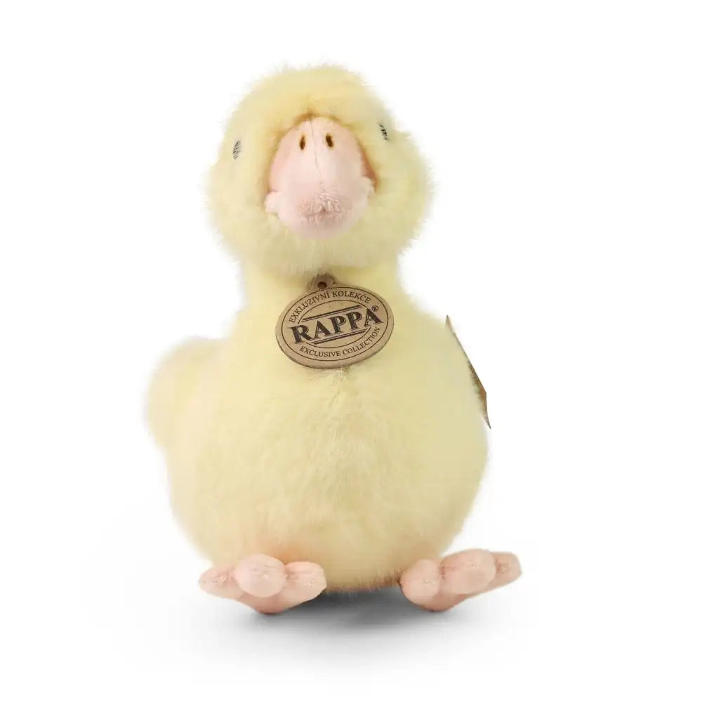 Eco-friendly plush duck toy with a fluffy texture, black eyes, and a small orange beak, sitting upright against a light backg