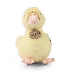 Eco-friendly plush duck toy with a fluffy texture, black eyes, and a small orange beak, sitting upright against a light backg