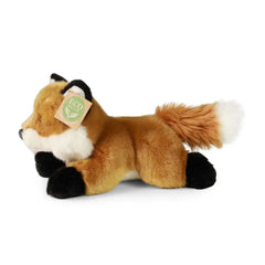 Plush fox stuffed animal in brown and white, featuring a round head, pointed ears, and eco-friendly branding.