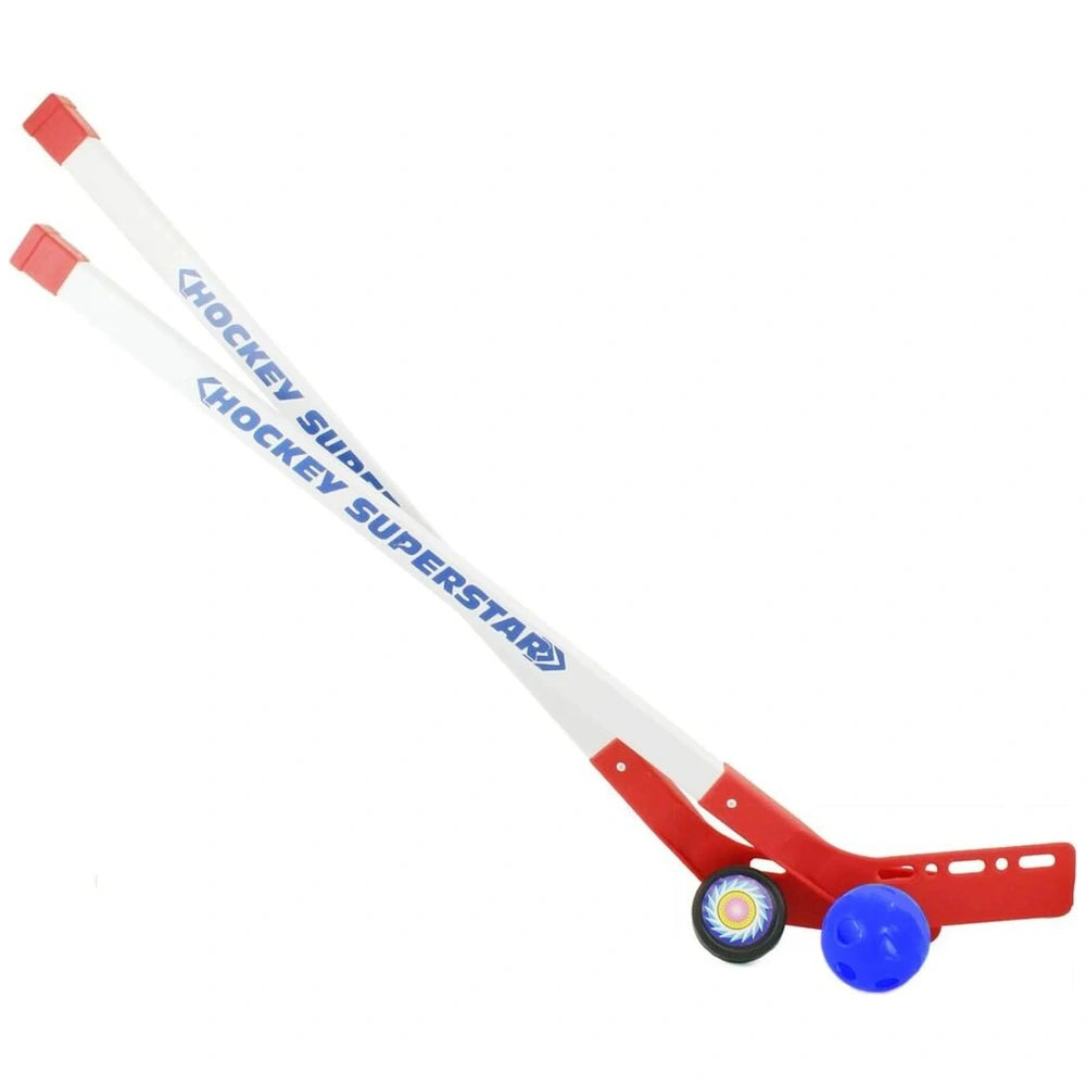 Red and white plastic hockey stick toy with a blue "HOCKEY SUPERSTAR" text, featuring a wheel at the bottom.