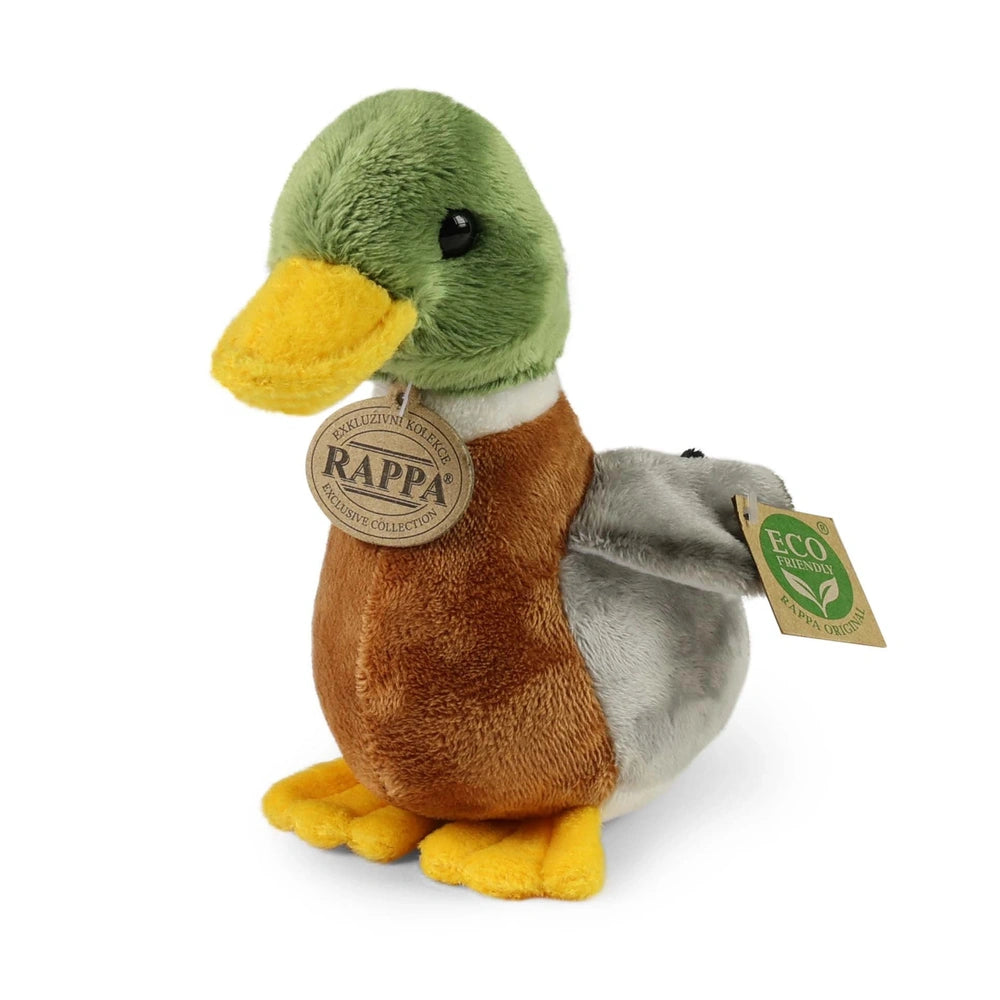 Rappa Mallard plush toy features a brown body, green head, yellow beak and feet, with an eco-friendly tag on its wing.