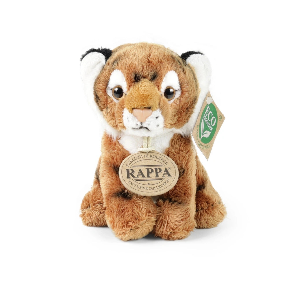 Plush tiger stuffed animal with brown and white fur, large eyes, and a tag reading "RAPPA" on its ear against a white backgro