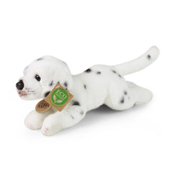 Plush Dalmatian stuffed animal with black spots, lying on a smooth white surface, featuring a tag on its collar.