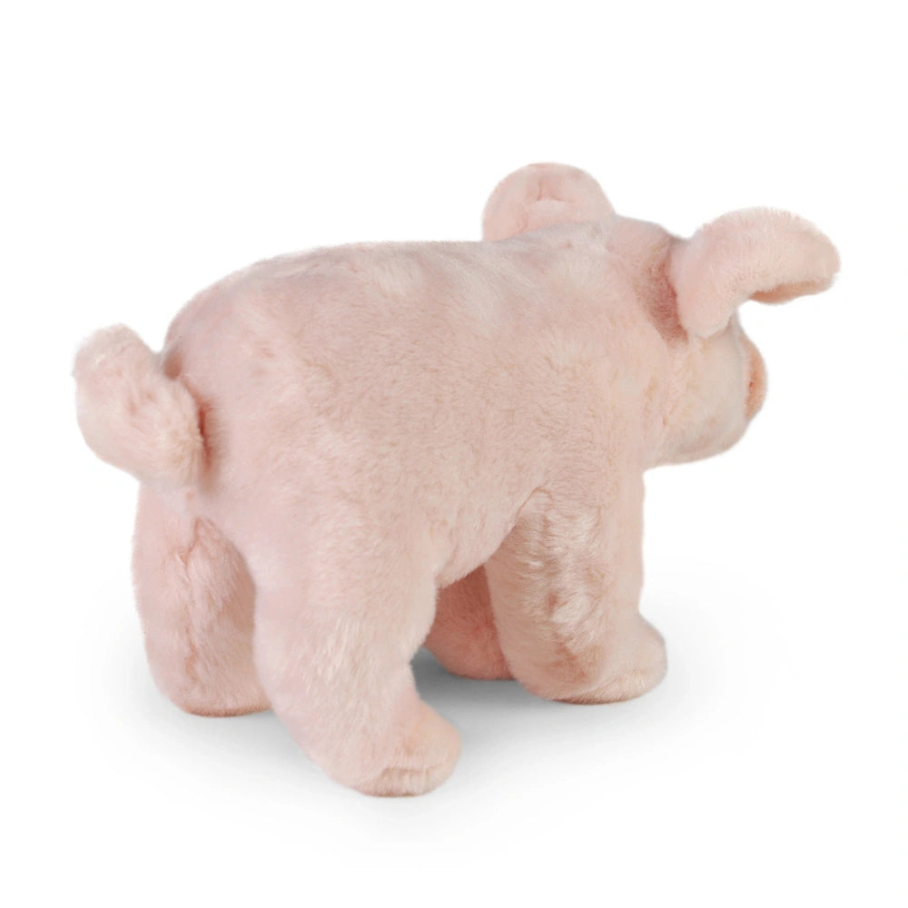 Plush domestic pig toy in light pink, featuring a soft texture, large ears, and a fluffy tail against a plain background.