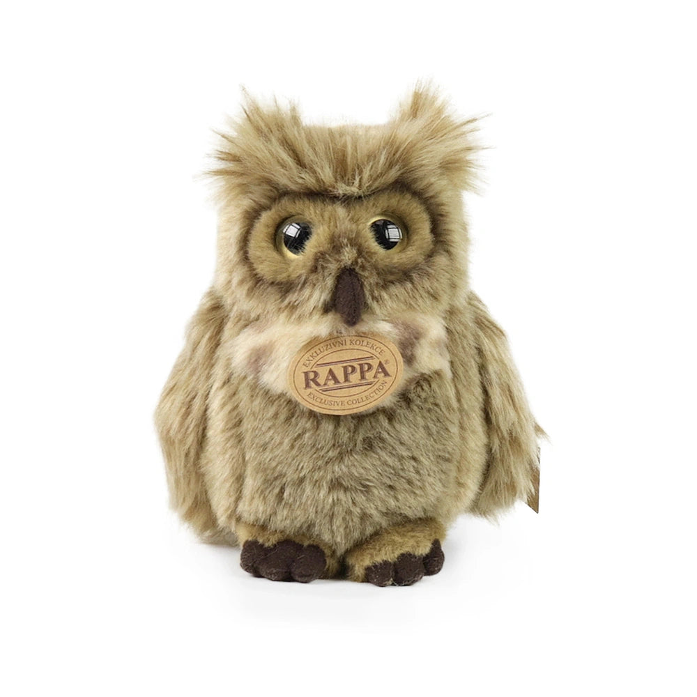 Plush eagle-owl toy in brown with large eyes, soft texture, and a tag reading "RAPPA" against a light background.