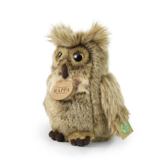 Plush eagle-owl toy in brown with lighter accents, featuring a tag that reads "RAPPA" and a green leaf symbol.