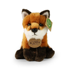 Plush fox toy with brown and white fur, featuring a round face and eco-friendly tag, sitting against a light background.