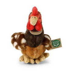 Plush hen toy with brown and white markings, red beak and wattle, featuring an eco-friendly tag and soft, textured fabric.