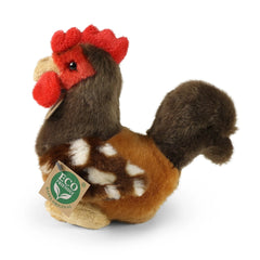 Plush hen toy made from eco-friendly materials, featuring a brown body, red comb, and a tag with an eco-friendly logo.