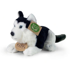 Plush husky dog toy with black markings and an eco-friendly tag attached to its ear, set against a plain white background.