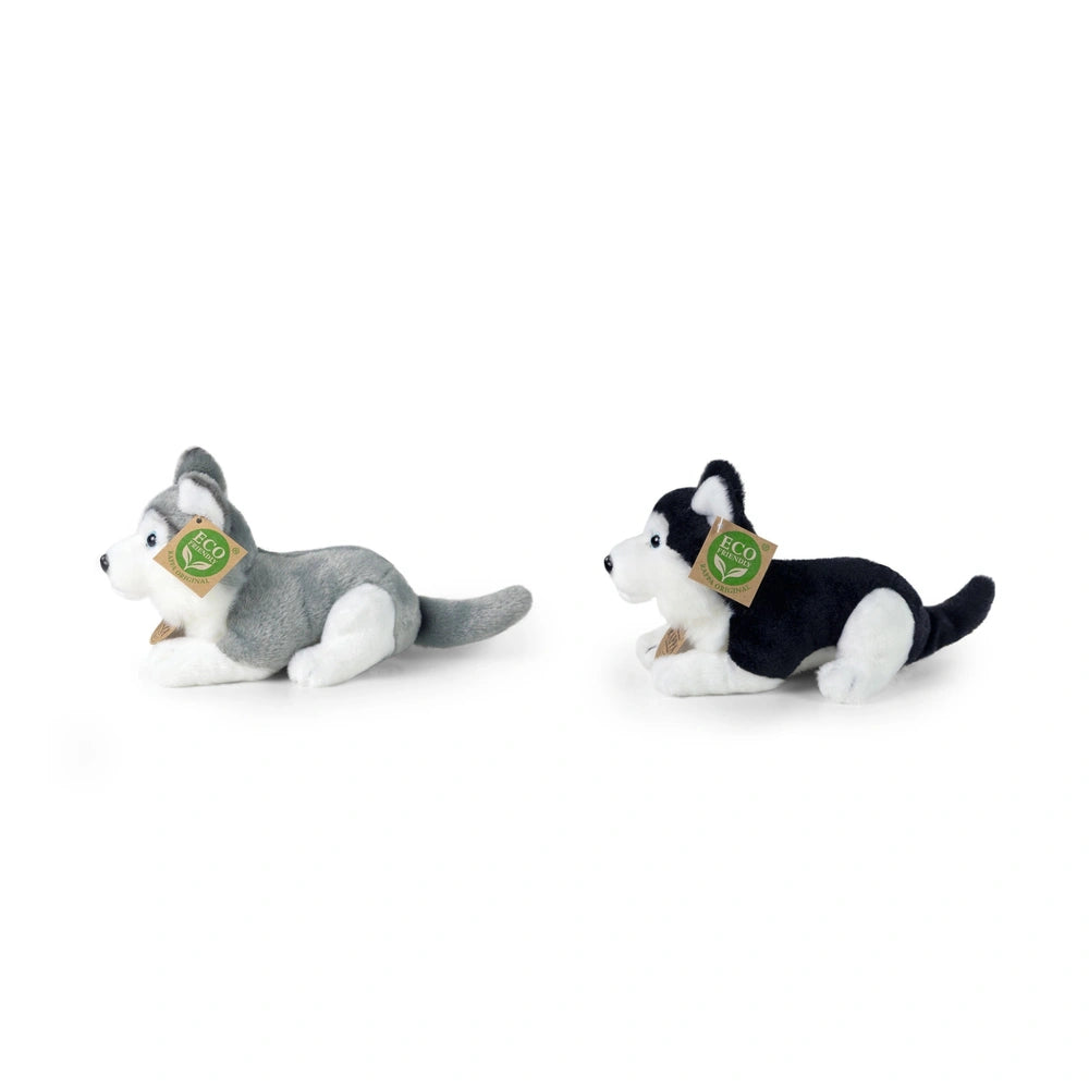 Plush husky dogs in gray and black, sitting against a white background, made from soft eco-friendly fabric.
