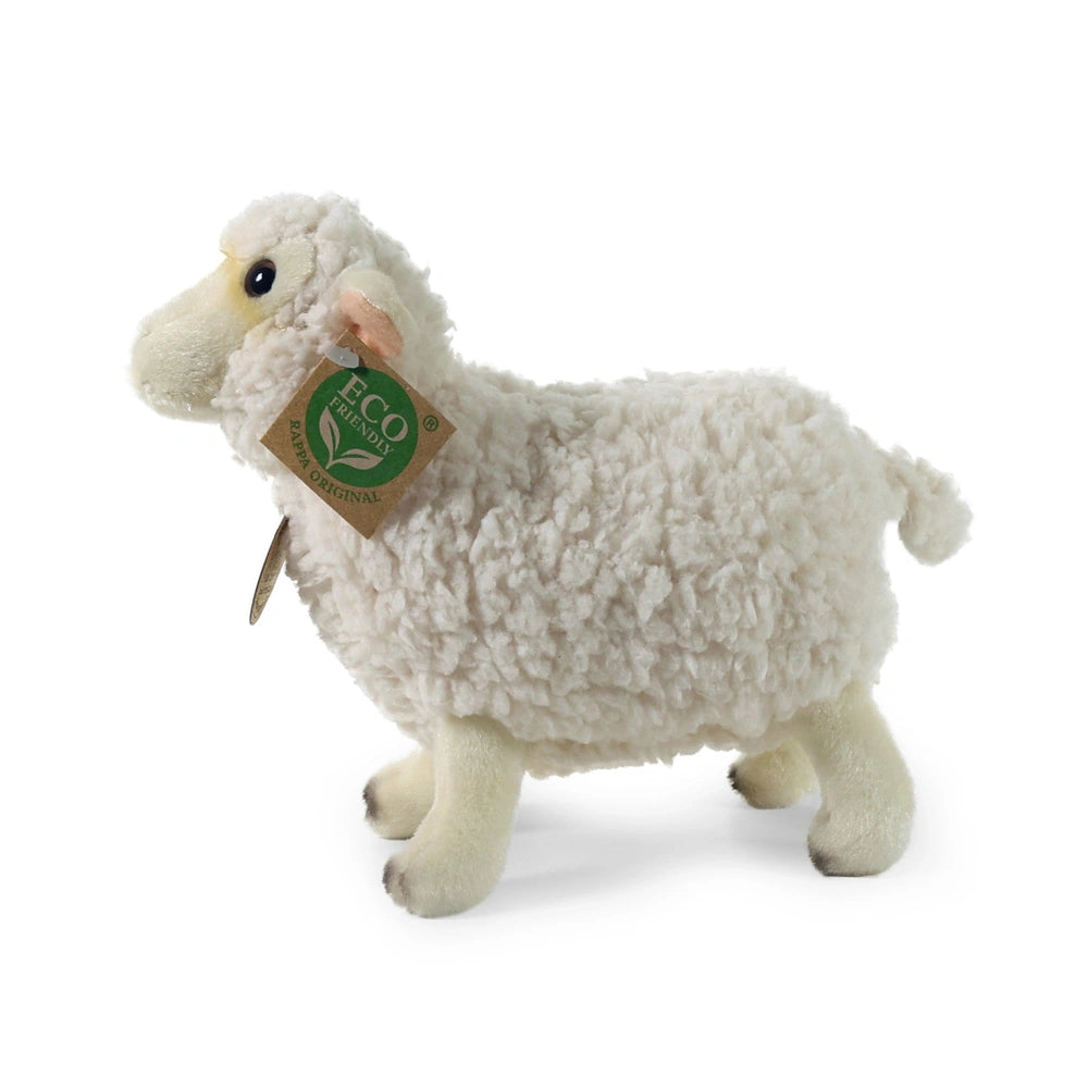 Plush sheep toy made of soft, fluffy material, featuring a simple face and an "ECO FRIENDLY" tag on its ear.