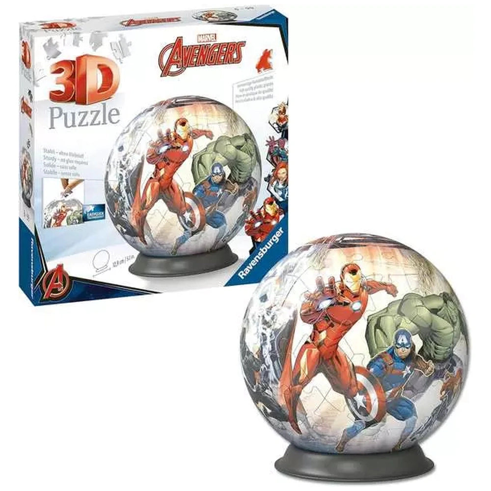 3D puzzle sphere featuring Marvel Avengers characters Iron Man, Captain America, and Thor, displayed in front of a vibrant pu