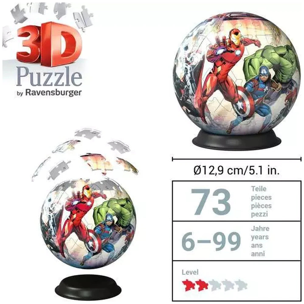 Ravensburger 3D puzzle globe features vibrant Marvel Avengers characters in dynamic poses, composed of 73 interlocking pieces