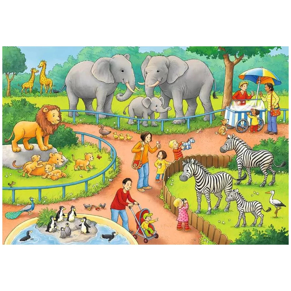 Ravensburger puzzle features a vibrant zoo scene with elephants, zebras, giraffes, birds, and visitors near a pond.