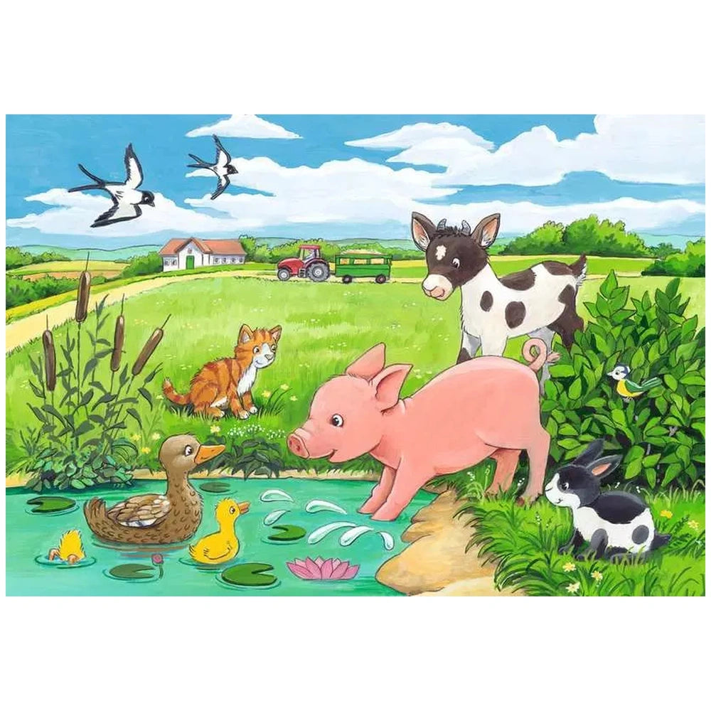 Ravensburger puzzle featuring a pink pig, brown duck, and black and white cow in a vibrant rural scene with a house and barn.