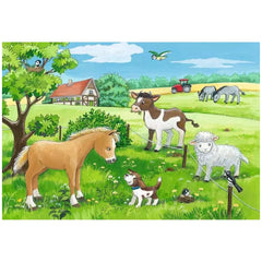 Ravensburger puzzle features a vibrant rural scene with cartoon animals, a red tractor, and a barn under a blue sky.