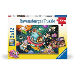 Ravensburger puzzle box features a colorful space scene with aliens and a spaceship, designed for children.