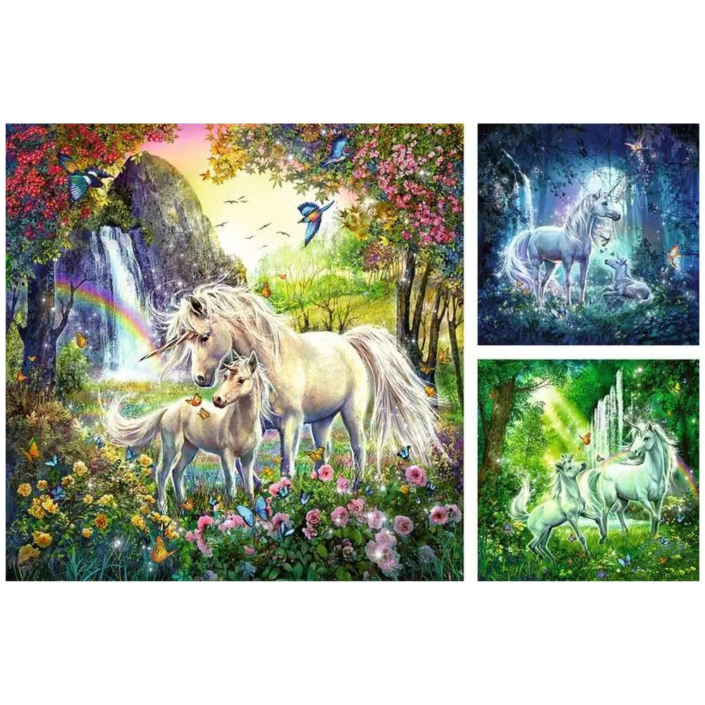 Beautiful Unicorns puzzle features vibrant triptych scenes with unicorns, a rainbow, and a whimsical forest setting.