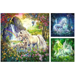Beautiful Unicorns puzzle features vibrant triptych scenes with unicorns, a rainbow, and a whimsical forest setting.