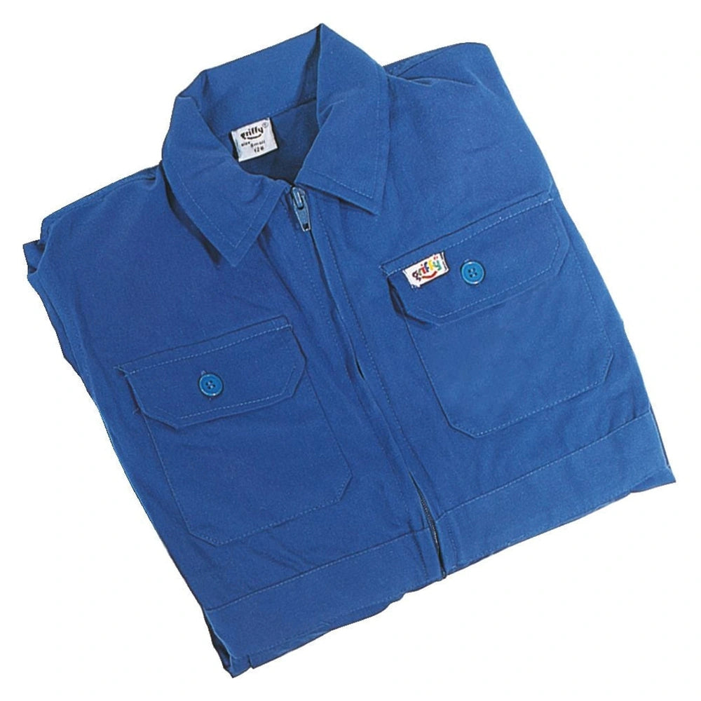 Blue cotton work shirt for boys and girls featuring a collar, button-up front, and two chest pockets with tools.