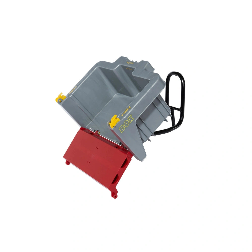 Rollybox John Deere features a gray metal frame above a smooth red base, designed for riding fun.