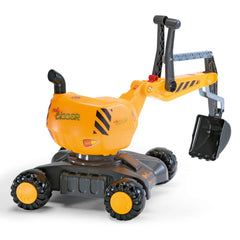 Rollydigger excavator toy in yellow with black and gray accents, featuring a black arm and orange-centered wheels on a white 