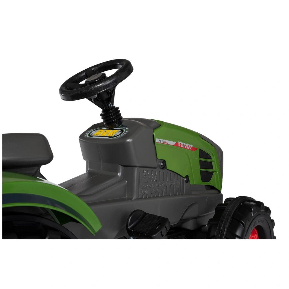 Rollyfarmtrac Fendt 211 Vario pedal tractor features a green body with black wheels and handle against a white background.