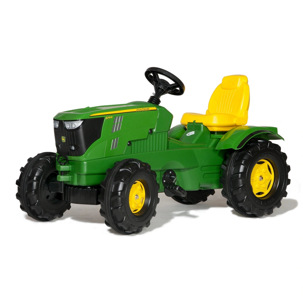 Rollyfarmtrac John Deere 6210R toy tractor features a green body, yellow accents, and four large black wheels for riding fun.