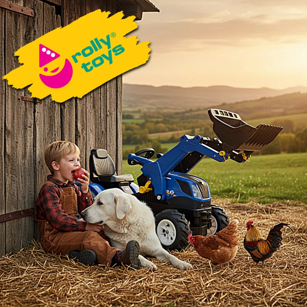 a rural setting featuring a young boy in plaid overalls, a white dog, and a blue toy tractor beside toy chickens.