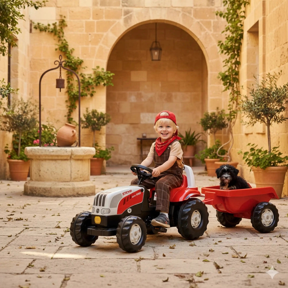 Rolly Toys Rollykid Steyr 6165 Cvt Tractor with trailer is enjoyed by a smiling child in a courtyard alongside a dog.