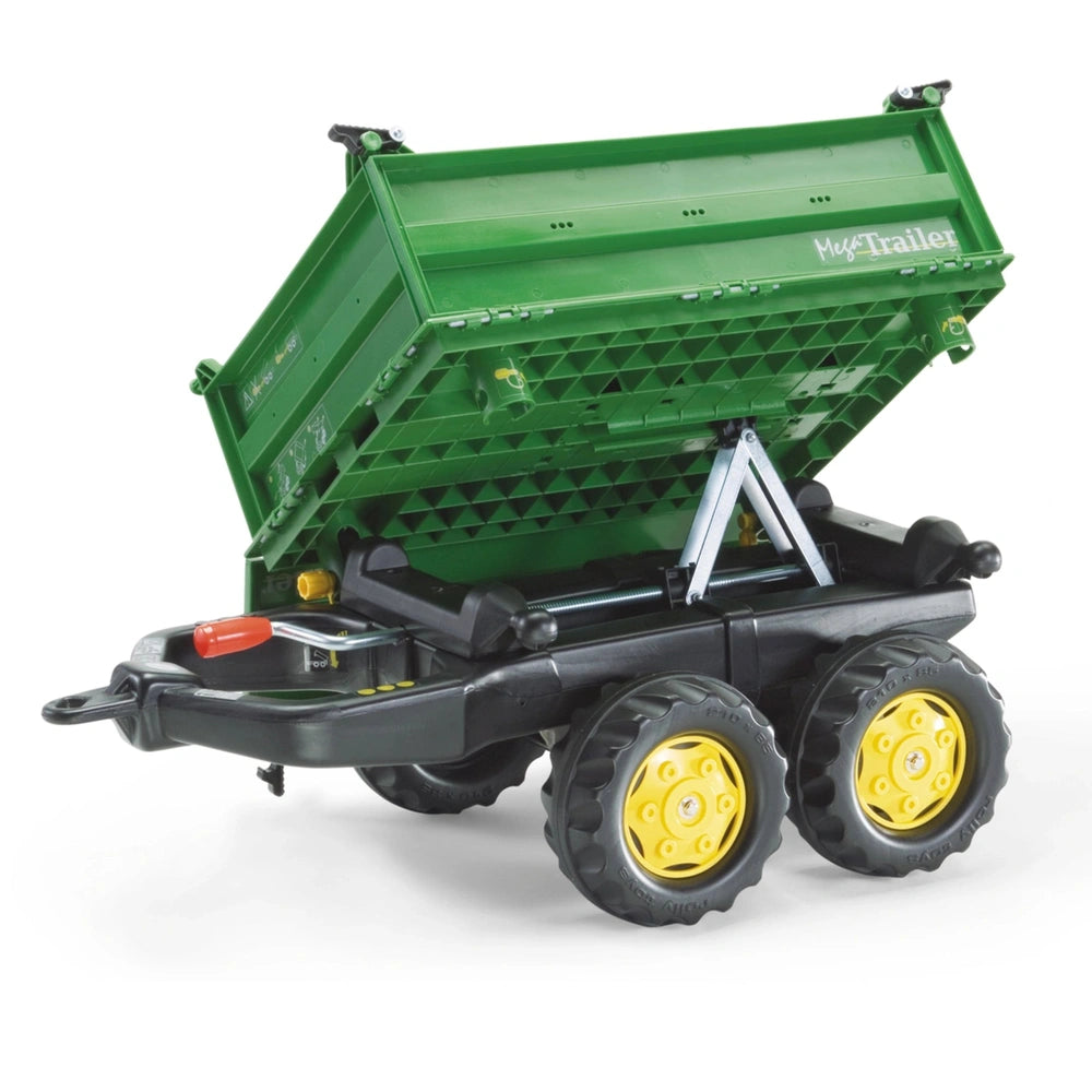 Green Rollymega trailer with a flatbed, black frame, yellow and black wheels, and "MEGATRAILER" text on the side.