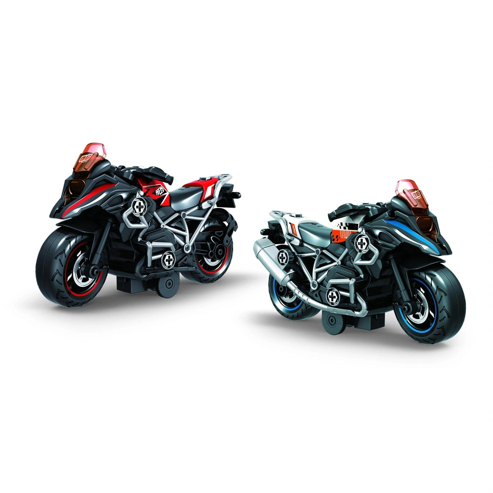 RS Tots motorcycle play vehicles in black with red and white accents, showcasing detailed features against a white background