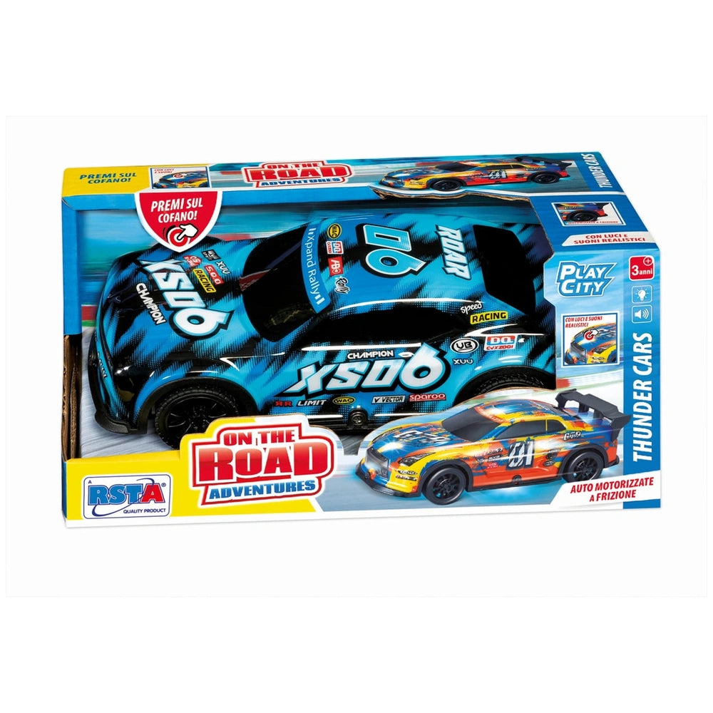 RS Tots Thunder Cars toy car kit in blue packaging with a clear window, featuring a sleek blue racing car with black and yell