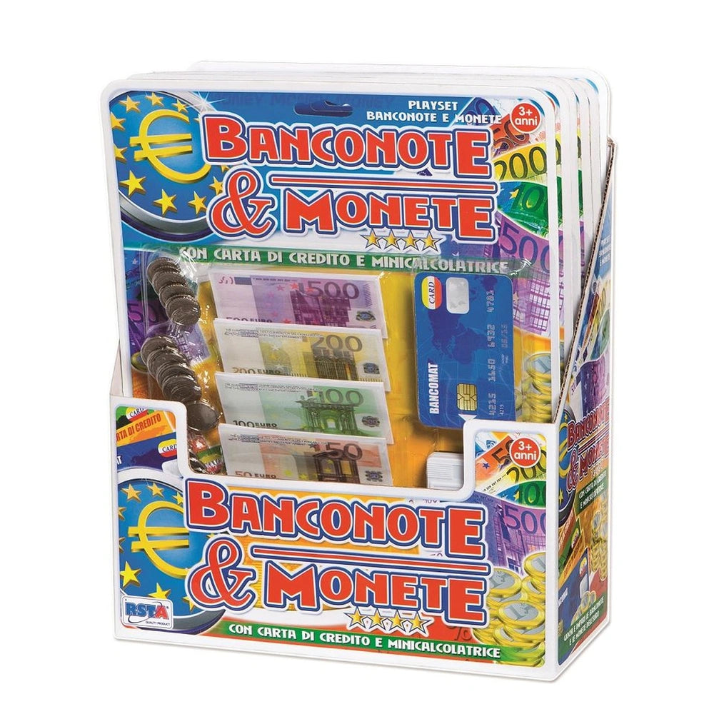 RS Toys Banknotes and Coins Mini Calculator Credit Card Set packaging features colorful design with images of coins and credi