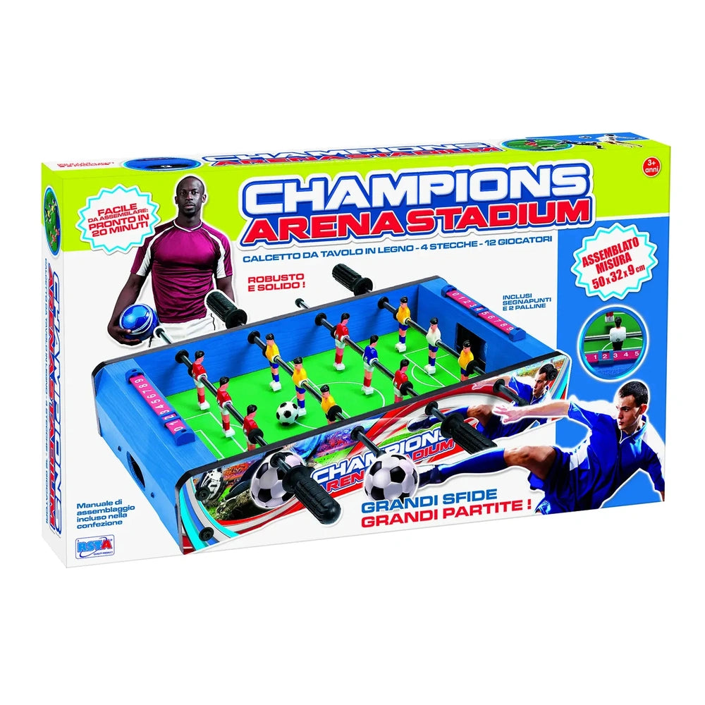 RS Toys Champions Arena Stadium features a blue miniature soccer stadium with a green pitch, red goal, and player figurine.