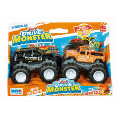 RS Toys 4x4 Drive Monster packaging features vibrant orange and blue colors with images of a black and red monster truck.