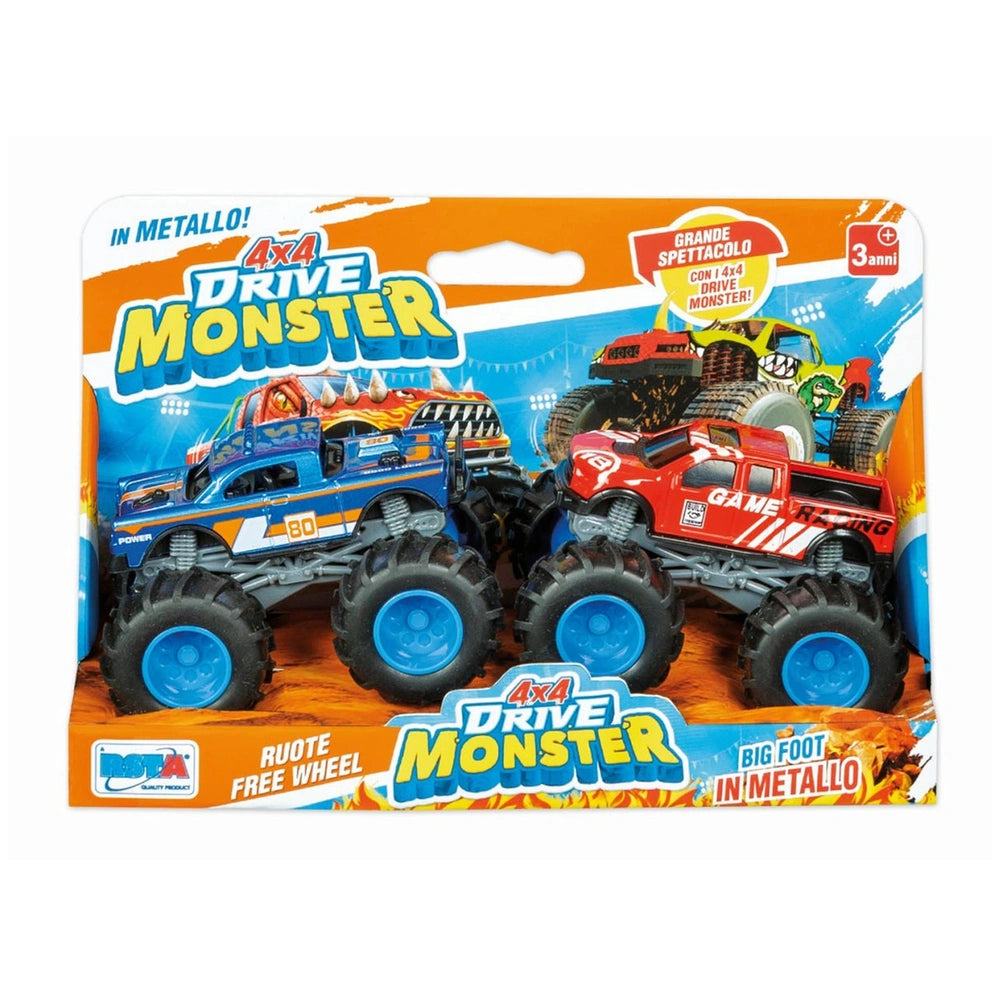 RS Toys Monster Truck in blue and black with orange accents displayed in colorful packaging featuring a clear plastic window.